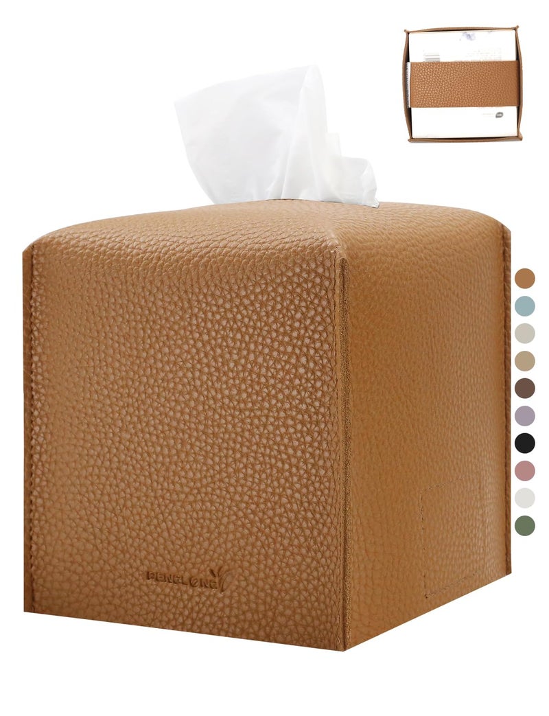 PENGLONG Tissue Box Cover 5X5X5'' PU Leather Tissue Holder Square Tissue Cube Box Organizer for Bathroom Vanity Countertop  Car  Night Stands  Office  Home  Kitchen (1Pack  Brown) - Image 1